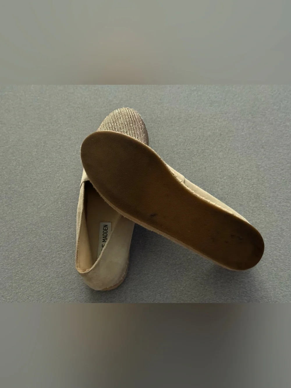 Steve Madden Beige Suede Espadrille Slip-On with Gold Embellished Toe 6.5